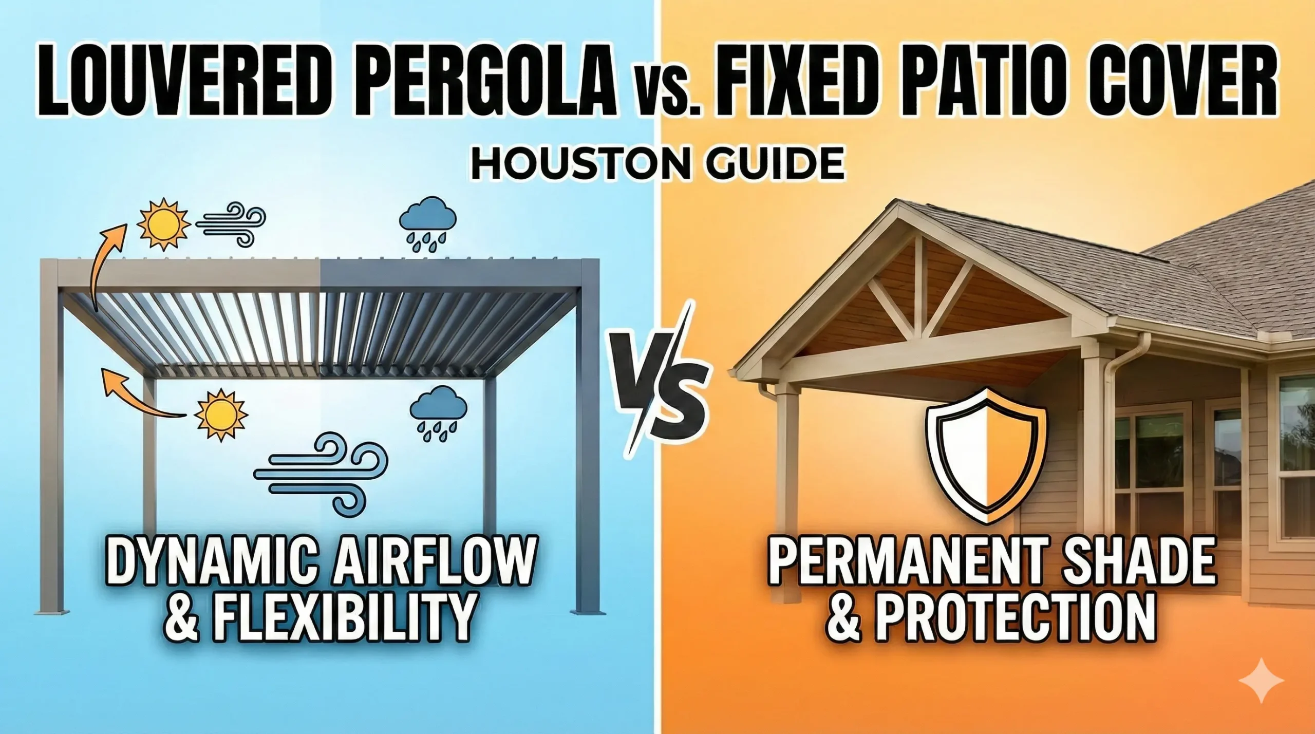 Comparison of a motorized louvered pergola and a fixed patio cover for a Houston backyard by Tejas Patios & Outdoors.