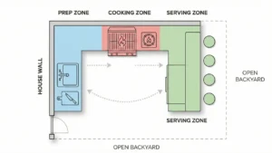 Outdoor kitchen layout showing prep cooking and serving zones for backyard entertaining