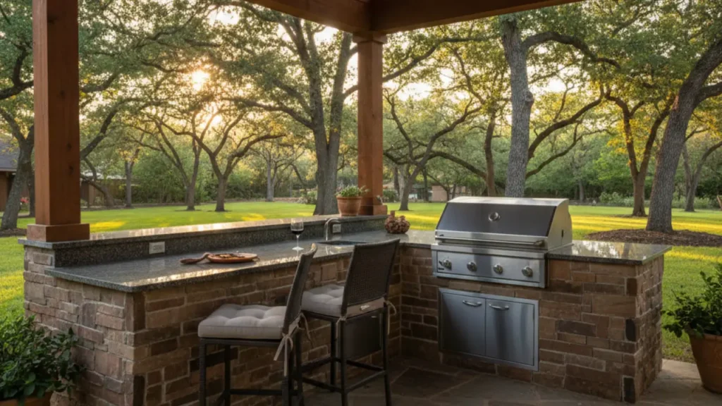 Professional real estate photography of a luxury outdoor kitchen in a Houston Texas backyard. The kitchen features an L-shaped island with natural stone veneer base and polished granite countertops, a built-in stainless steel grill, and a covered patio with cedar beams overhead. The setting is a lush green backyard with mature trees typical of north Houston suburbs. Late afternoon golden hour lighting, warm tones. The space looks lived-in and inviting, not staged. No people. Shot with a wide-angle lens, editorial style, high resolution.