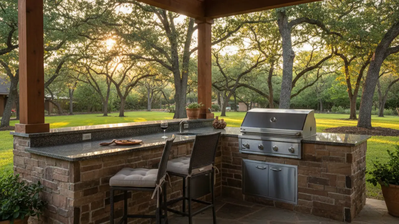 Professional real estate photography of a luxury outdoor kitchen in a Houston Texas backyard. The kitchen features an L-shaped island with natural stone veneer base and polished granite countertops, a built-in stainless steel grill, and a covered patio with cedar beams overhead. The setting is a lush green backyard with mature trees typical of north Houston suburbs. Late afternoon golden hour lighting, warm tones. The space looks lived-in and inviting, not staged. No people. Shot with a wide-angle lens, editorial style, high resolution.