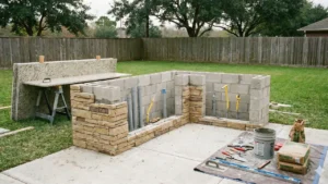 Outdoor kitchen construction in progress showing stone veneer and utility installation in north Houston