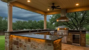 Covered patio with outdoor kitchen designed for Houston weather in The Woodlands TX