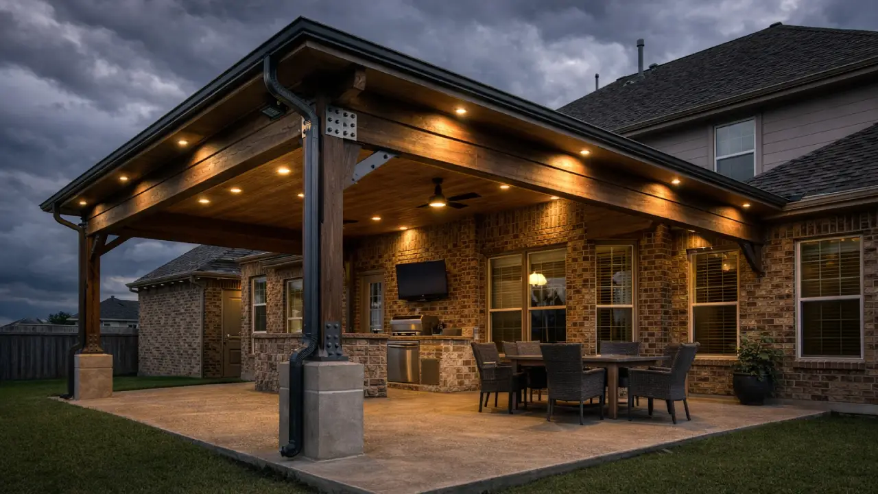 Luxury custom covered patio attached to a brick home in Houston with reinforced columns and storm resistant construction under dramatic sky