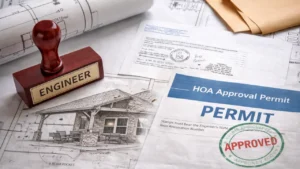 Architectural patio plans with engineer stamp and HOA approval documents for covered patio construction in Houston