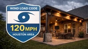 Covered patio in Houston built to meet wind load building code with storm resistant structure under dark cloudy sky